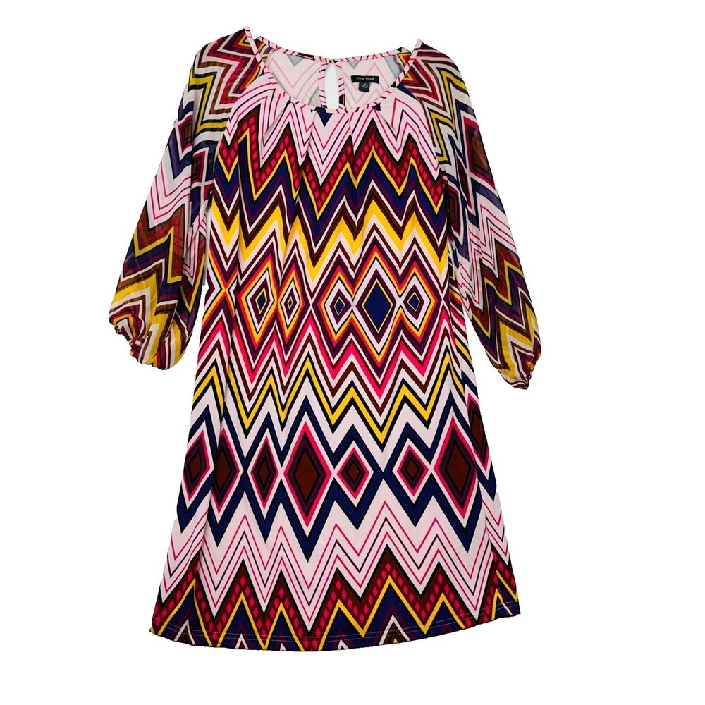Womens Chevron Print Retro Dress Size 10 Sheer 60s Mod Cuff Bishop Sleeve